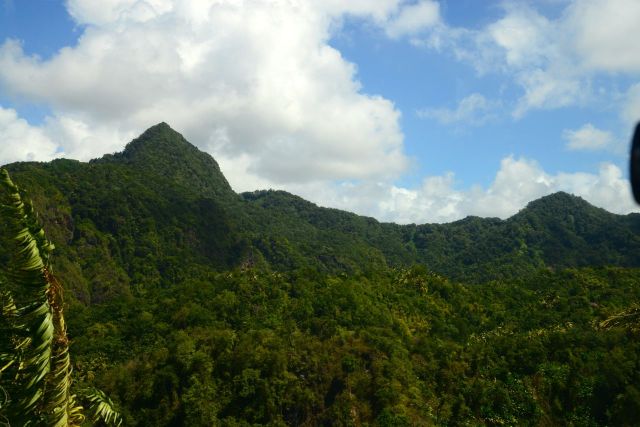 A paisagem montanhosa e as florestas tropicais dominam o interior da ilha.