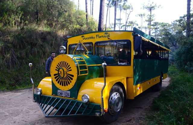 Esse é o ônibus que faz o passeio pelo Horto Florestal.