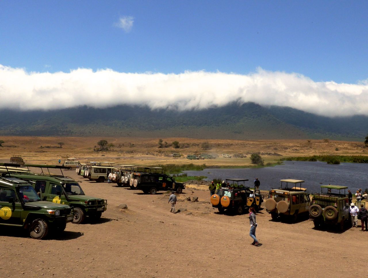 Os carros de safari no Ngorongoro.